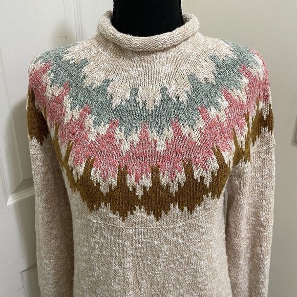 LL Bean Cotton Ragg Nordic Fair Isle Funnel Neck Pullover Knit Sweater Small - Picture 4 of 7